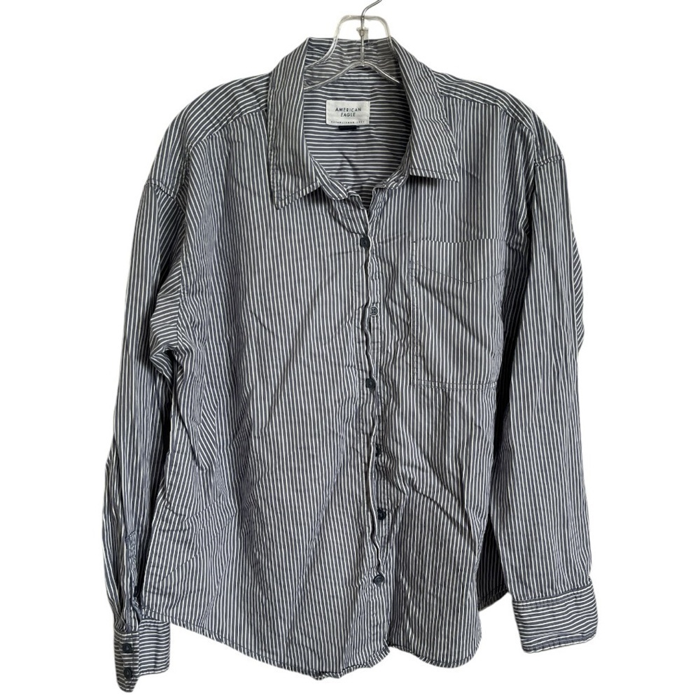 American Eagle 100% cotton button up size S navy and white stripe EUC B-11